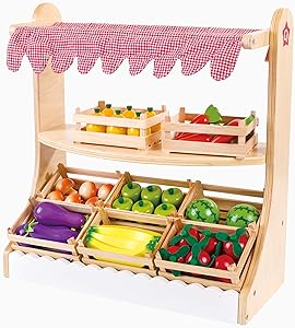 LA Chama Wooden Fruits Market Stand, Kid's Playroom Furniture Grocery Stand for Pretend Play, Fruits, Deluxe Accessories