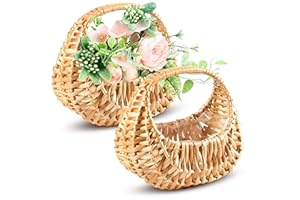 AZZORI Small Flower Girl Basket Set of 2 – Small Wicker Basket with Handle & Waterproof Lining (6.3" х 5.12" х 3.75") Rustic Style for Wedding Flowers, Sweets & Gifts – Compact, Lightweight & Multifunctional