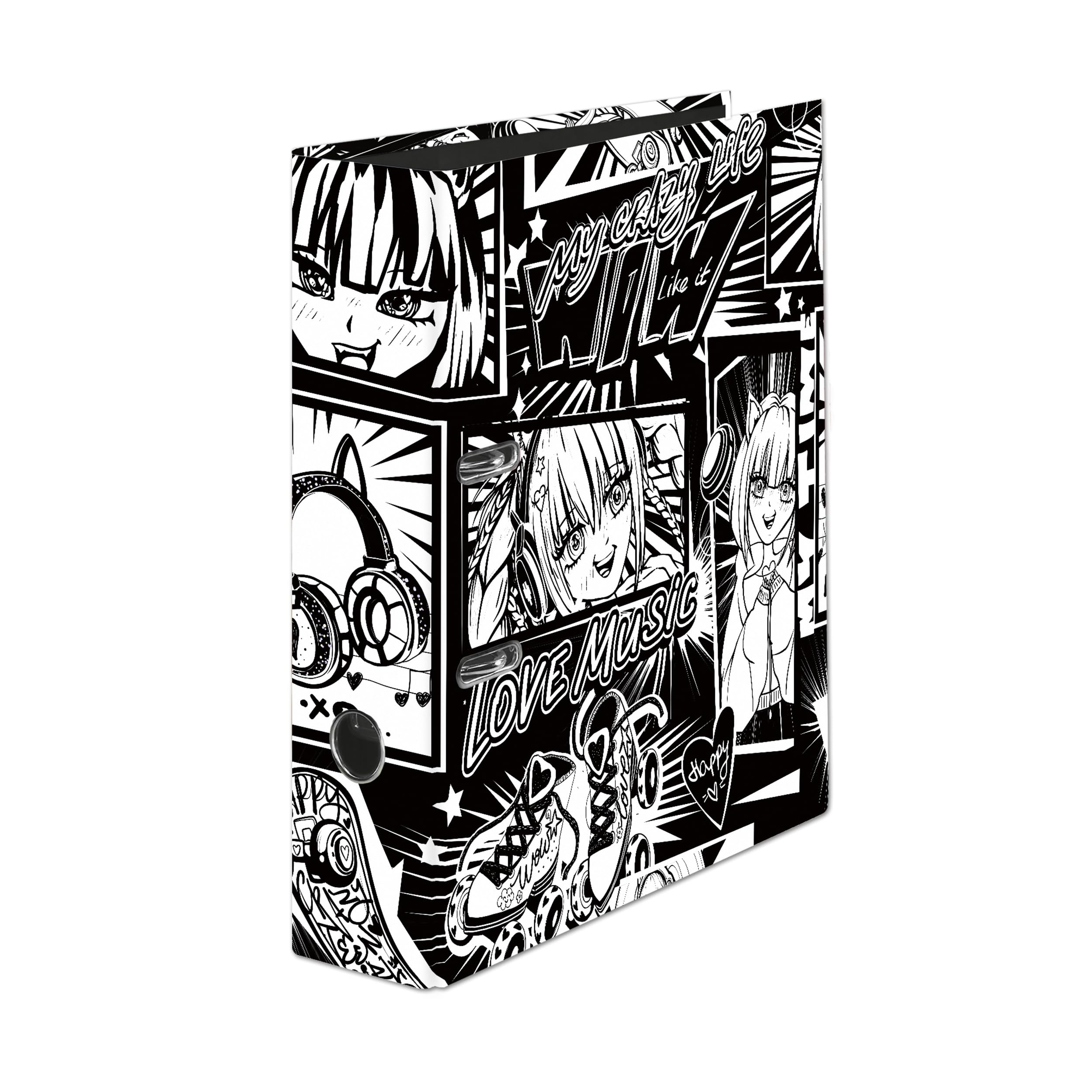 FALKEN Original Falken Manga Black & White Motif Folder, Made in Germany, 8 cm Wide, DIN A4, Vegan Ring Binder, Letter Folder, Office Folder, Plastic Folder, Slotted Folder