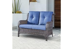 PUGIRE Patio Loveseat Wicker Outdoor Couch - 2-Seater Rattan Patio Sofa with Deep Seating and Comfortable Cushions for Outside Porch Deck Poolside Balcony(Brown Wicker/Blue Cushion)