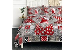 BlessLiving Kids Christmas Bedding 3 Piece Red Santa Claus Pattern Queen Quilt Set Soft Microfiber Gray Poodle Star Heart Bedspread for Kids (Red Grey, size90 x90)