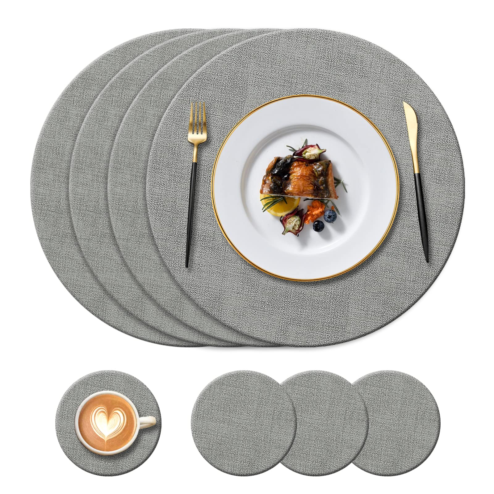 KERYCHIN Round Leather Placemats (34cm) and Coasters (10cm) Set of 4, Heat-Resistant 212 °F, Non-Slip Washable PU tablemats for Home, Hotel, Kitchen, Indoor, Outdoor, Glass Dining Table, (Grey)