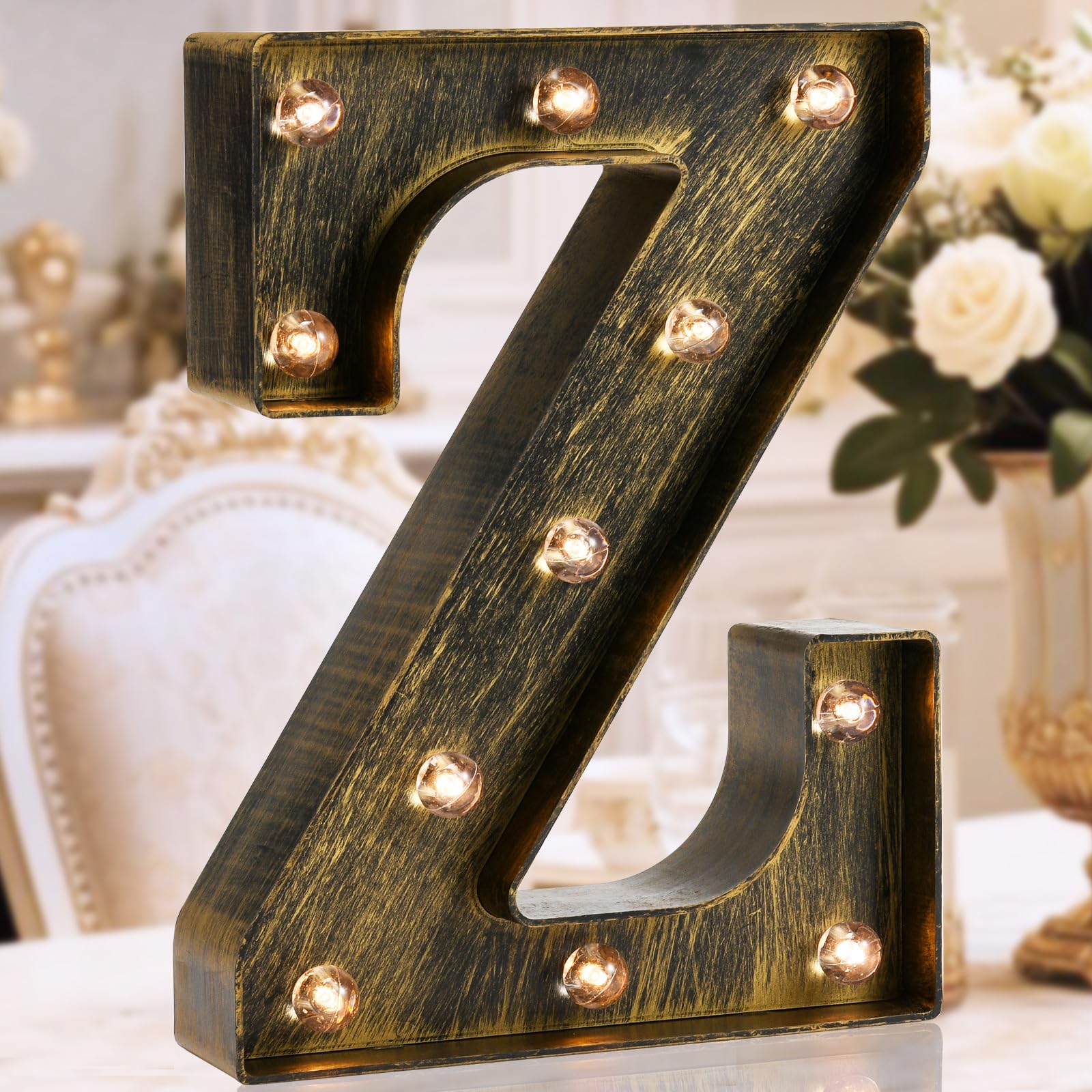 Golden Black Led Marquee Letter - Industrial, Vintage Style Light Up Alphabet Letter Sign for Cafe Wedding Birthday Party Christmas Lamp Home Bar Initials Decor - Z