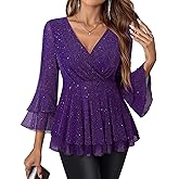 Lotusmile Women's Dressy Blouses Ruffle 3/4 Sleeve Peplum Sparkly Tops