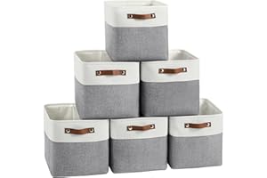 FinishingBo Cube Storage Baskets 6 Pack, 11x11 inch Foldable Cube Storage Bins with Leather Handles for Shelf Closet Nursery Toys (White/ Gray)