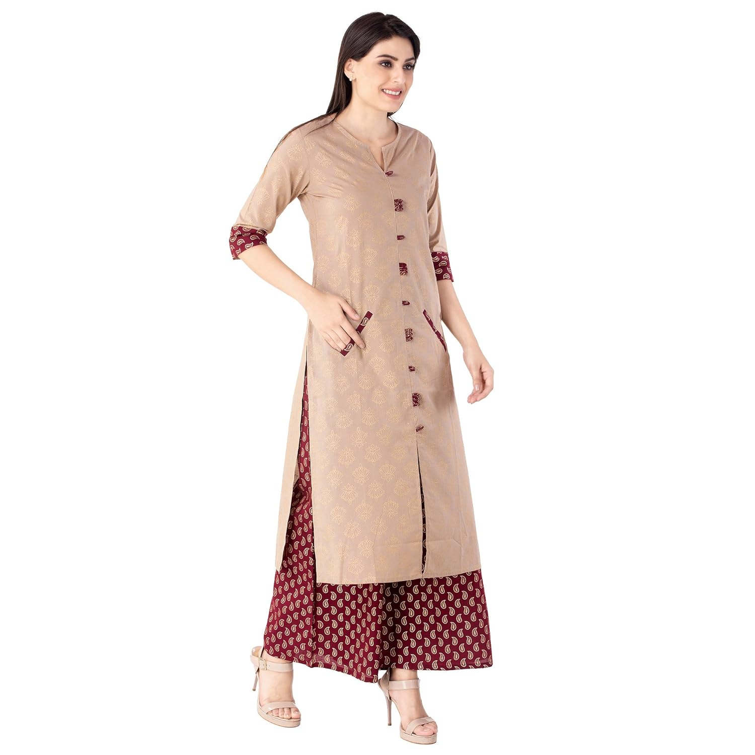 khushal k women's cotton gold printed kurta with palazzo set