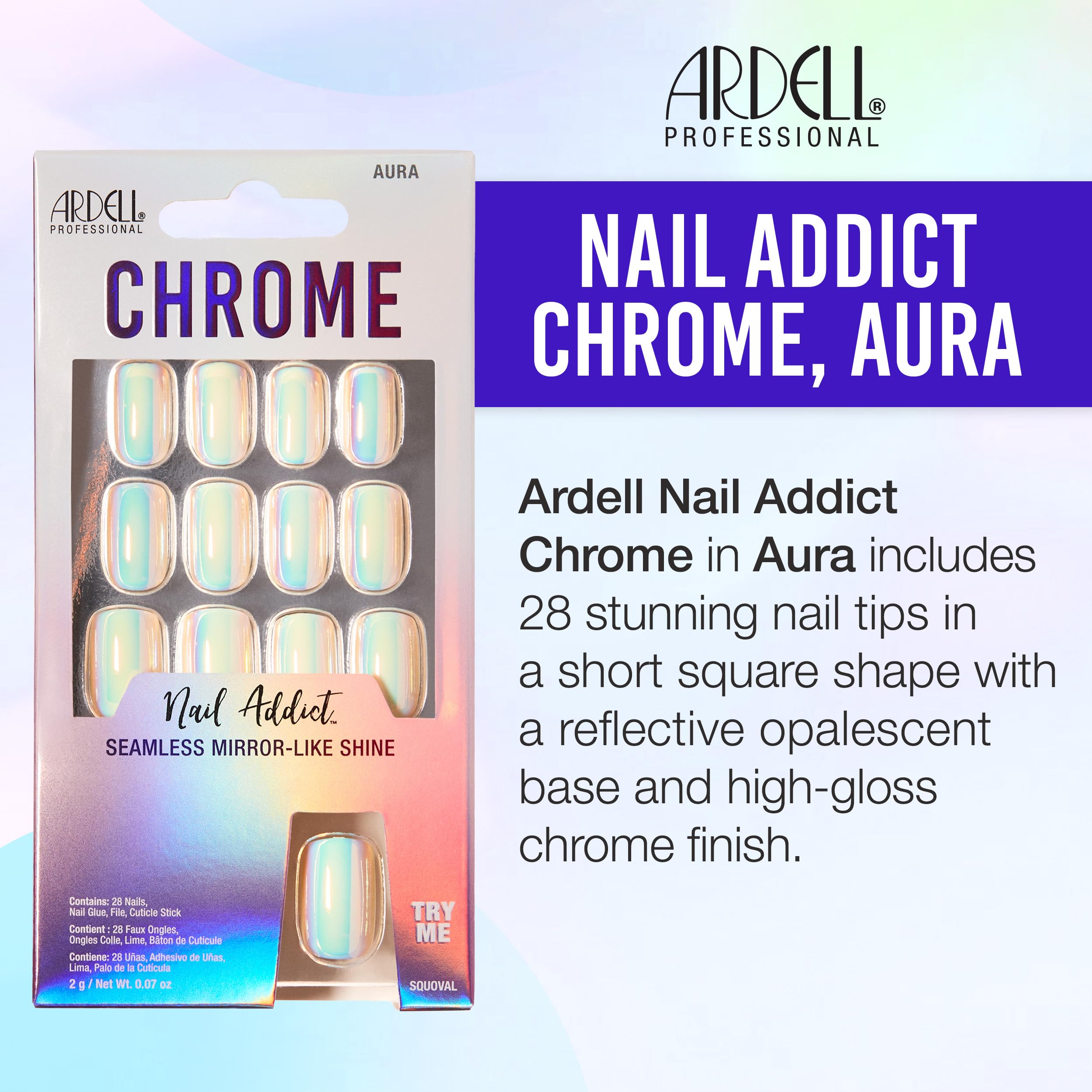 Ardell Nail Addict Chrome Aura, Press On Nails, Short Square Shape, Nail Kit, 1-Pack - Image 3