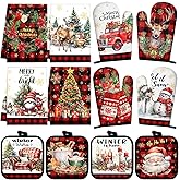 SiliFine 12 Pcs Oven Mitts and Kitchen Towel Sets 4 Dish Towels 4 Potholders 4 Vintage Resistant Glove for Cooking Baking Home Gifting(Red and Black Stripes)