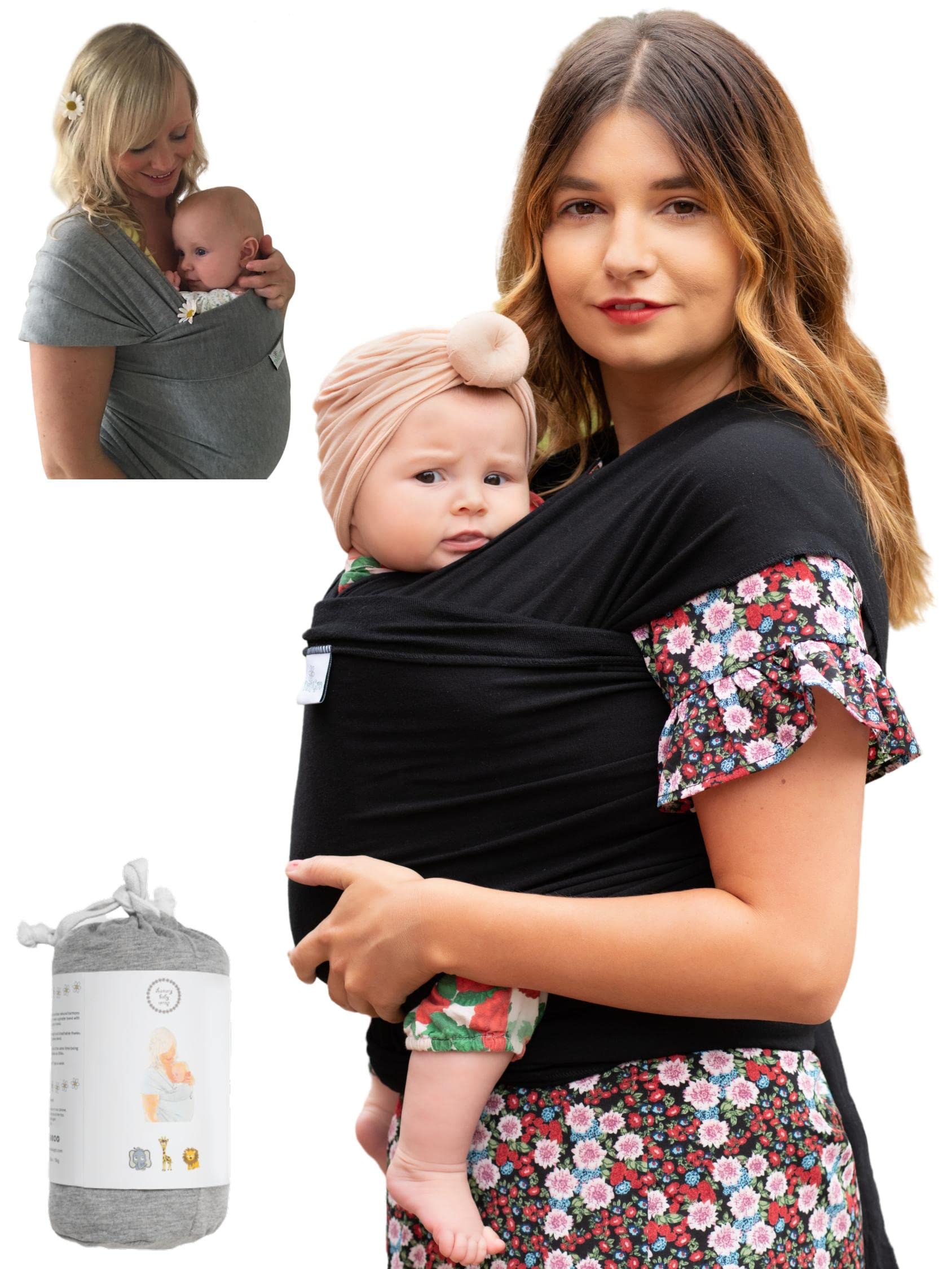 UK Brand - Baby Sling Carrier Wrap, Newborn to 35lbs, Organic Cotton, Small/Medium or Plus Size, Black or Grey, Safety Tested