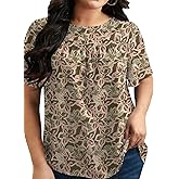 Micoson Womens Plus Size Tops Short Sleeve Dressy Chiffon Blouses Crewneck Shirts Loose Flowy Pleated Tunic