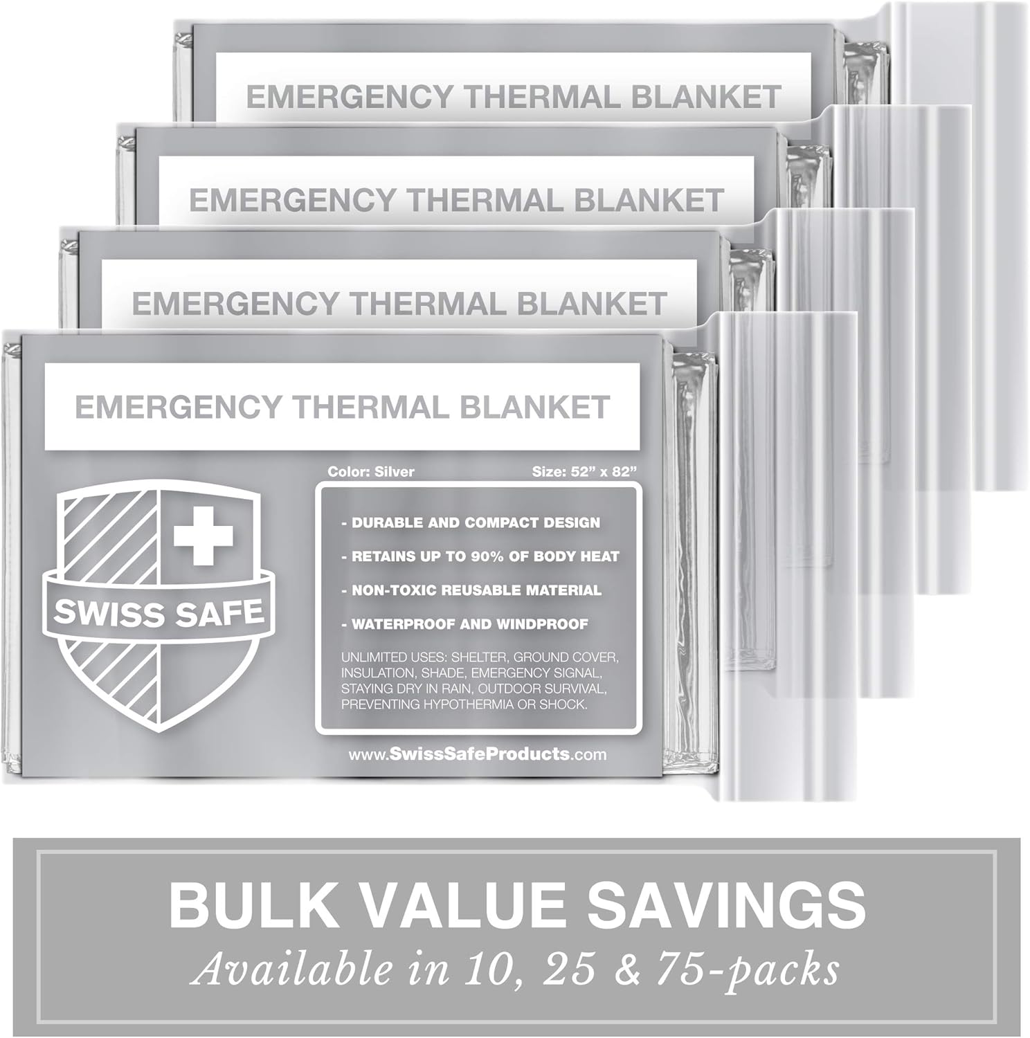 Swiss Safe Emergency Mylar Thermal Blankets, Designed for NASA, Outdoors, Survival, First Aid, Silver, 10 Pack: Kitchen & Dining