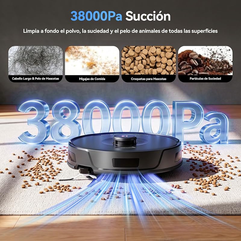D8 Pro Robot Aspirador y Fregasuelos, 38000Pa Potente Succión con Estación de Succión 4L, Anti-Enredo de Pelos, Navegación LiDAR, Aspirador Robot 4-en-1 Aspira y Friega para Suelos, Alfombras