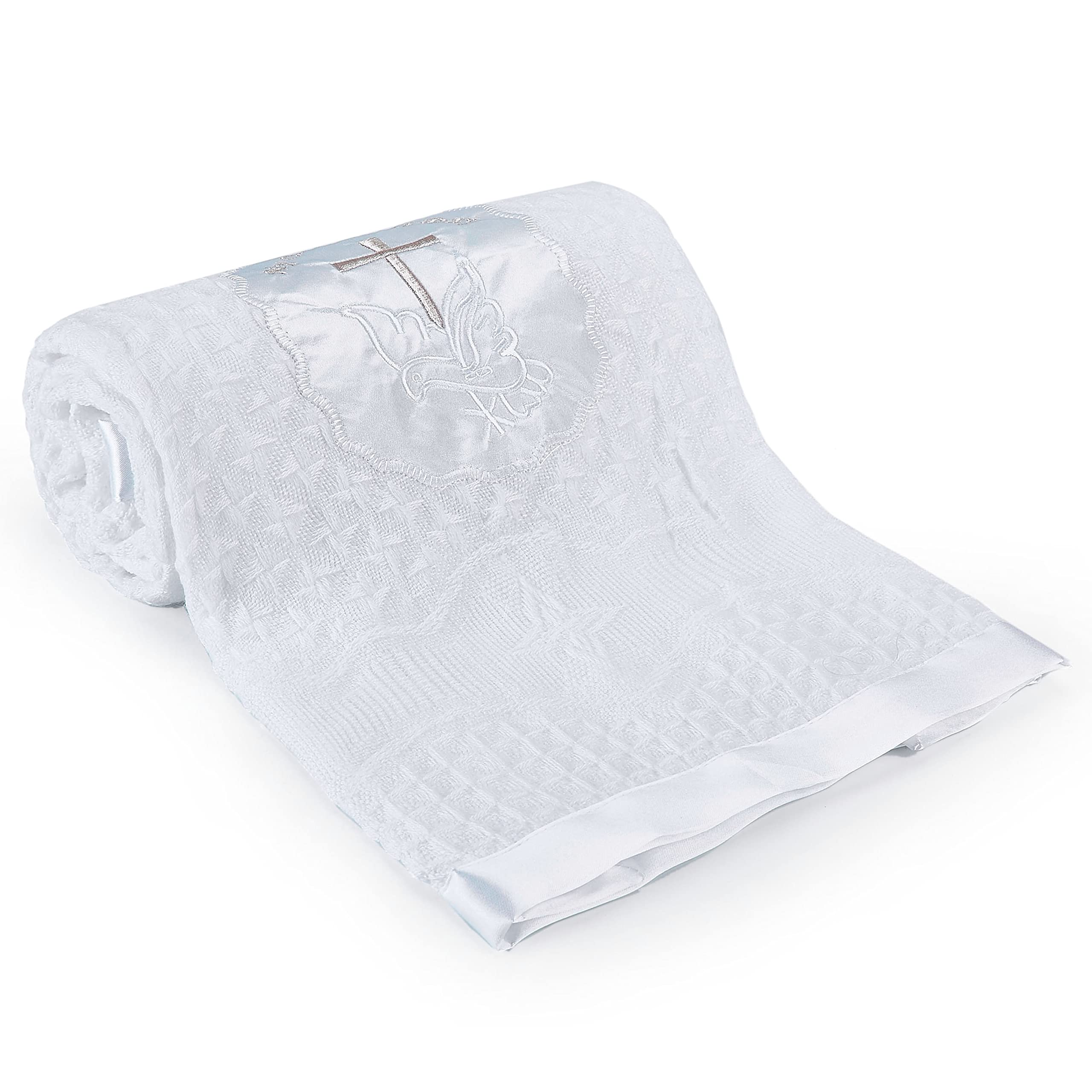 Photo 1 of Booulfi Baby Blankets Neutral Cross Embroidered Blankets for Boys Girls White Newborn Baby Baptism Christening Blanket,Satin Border Nursing Shawl Cover Size 36x50