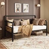 IDEALHOUSE Twin Daybed with Classic Headboard,Metal Twin Bed Frame,Black | Sofa Bed Frame,Vintage Wooden Headboard,Safe Curve Armrests,Heavy Duty Steel Slats Support,For Living Room,Guest Room