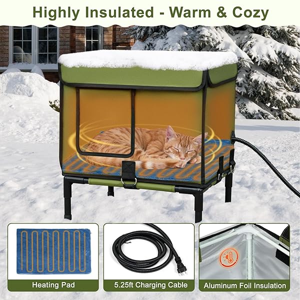 PALOPALO DEWPROOF HEATED CAT HOUSE FOR OUTDOOR WINTER, INSULATED DISCREET PET SHELTER WITH WATERPROOF HEATING PAD & ESCAPE DOOR FOR FERAL, STRAY, BARN KITTY CATS (ARMY GREEN, 16.5″X12.5″X17.7″)