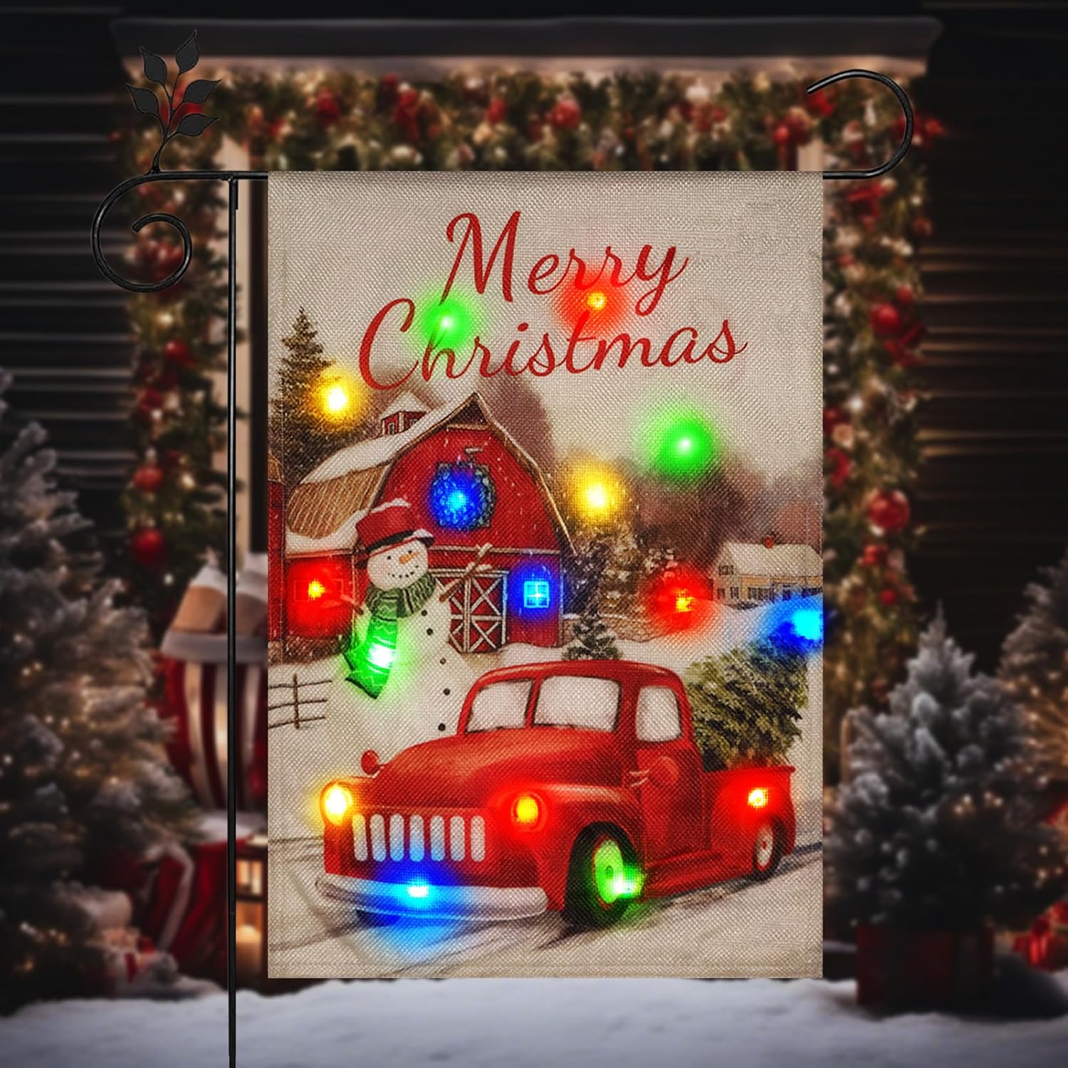 Flags - Christmas Lighted Garden Flag 12x18, Double Sided Christmas Truck with Snowman Vertical LED Outdoor Christmas Yard Flag for Winter Christmas Outside Decorations(12x18inches)