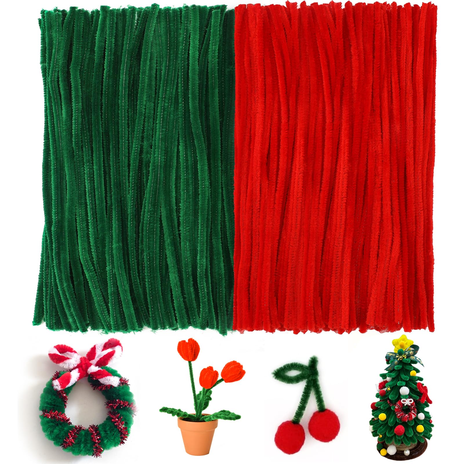 G2PLUS Green and Red Pipe Cleaners for Craft, 200PCS Long Crafting Pipe Cleaners for Christmas Craft, 6mm Chenille Stem for DIY, 30cm Pipe Cleaners for Christmas Tree Project Decoration