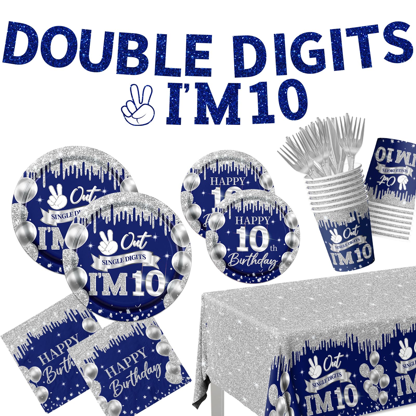 Photo 1 of 10 Year Old Birthday Decorations Tableware,142pcs Navy Blue and Sliver Double Digits Birthday Plates and Napkins Cups Tablecloth for Boys 10th Boy Party Decorations
