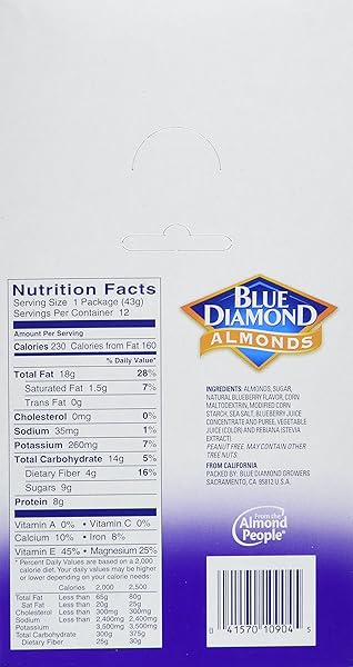 BLUE DIAMOND ALMONDS, BLUEBERRY FLAVORED SNACK NUTS, SINGLE SERVE BAGS (1.5 OZ. TUBES, PACK OF 12)