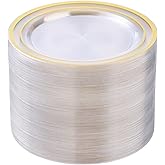 BESTSTAR 100PCS Clear Plastic Plates for Party, 10.25 Inch Disposable Plates with Gold Rim, Heavy Duty Dinner Plates for Wedding and Birthday