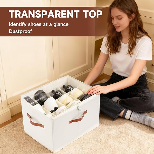 KITHERO 2-PACK SHOE ORGANIZER FOR CLOSET, FOLDABLE SHOE STORAGE CONTAINER WITH ADJUSTABLE DIVIDERS & CLEAR LID, HOLDS UP TO 12 PAIRS, SPACE-SAVING SHOE BOXES, WHITE
