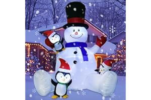 Artiflr 7Ft Lighted Christmas Inflatable Snowman with Three Cute Penguins Build-in LED Lights, Holiday Blow up Outdoor Yard Decoration