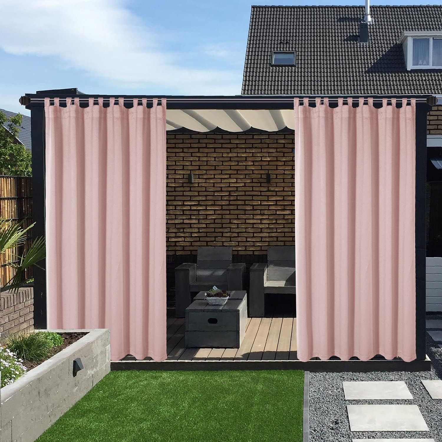 Outdoor Curtains - LORDTEX Waterproof Indoor/Outdoor Curtains for Patio - Thermal Insulated, Sun Blocking Detachable Sticky Tab Top Blackout Curtains for Bedroom, Porch, Pergola, Cabana, 100 x 120 inch, 2 Panels, Blush