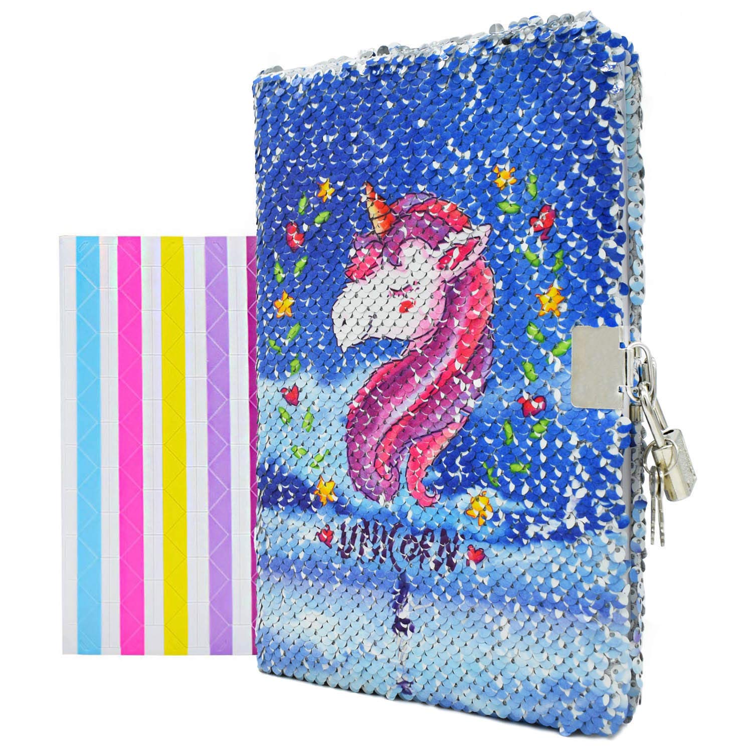 VIPbuy Kid Girls Unicorn Sequin Notebook Diary with Lock and Key Reversible Sequin Journal A5 Lined Secret Notepad Set with Gift Photo Corner Sheet for Art Creation, 156 Pages, 21.5cm x 14cm