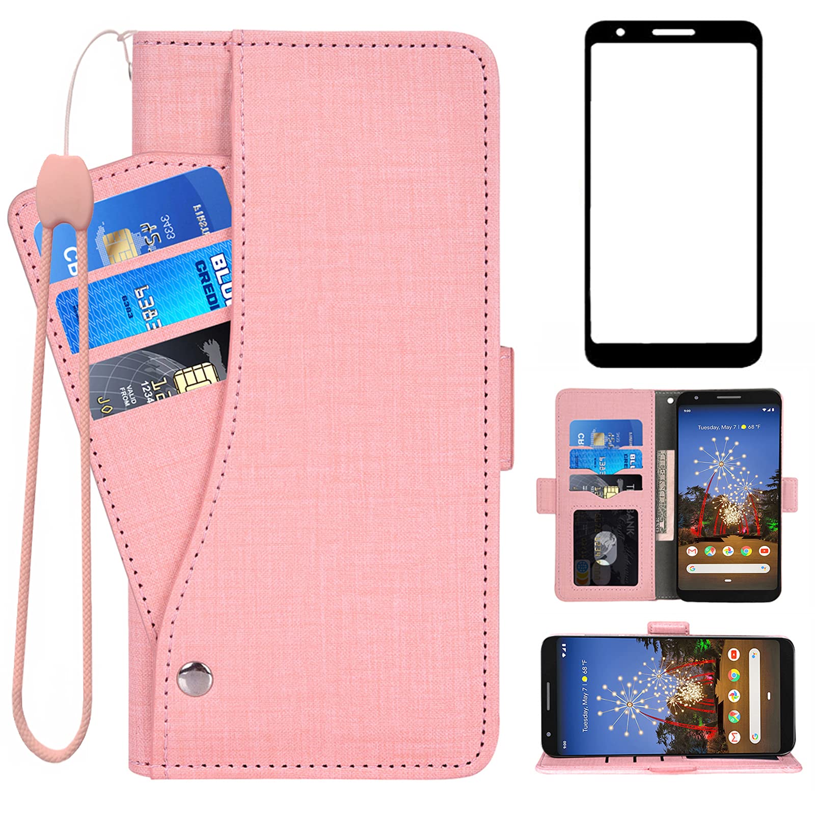 Asuwish Compatible with Google Pixel 3a XL Wallet Case Tempered Glass Screen Protector and Flip Cover Card Holder Cell Accessories Phone Cases for Pixel3aXL Pixle 3aXL A3 Pixel3a LX Women Men Pink