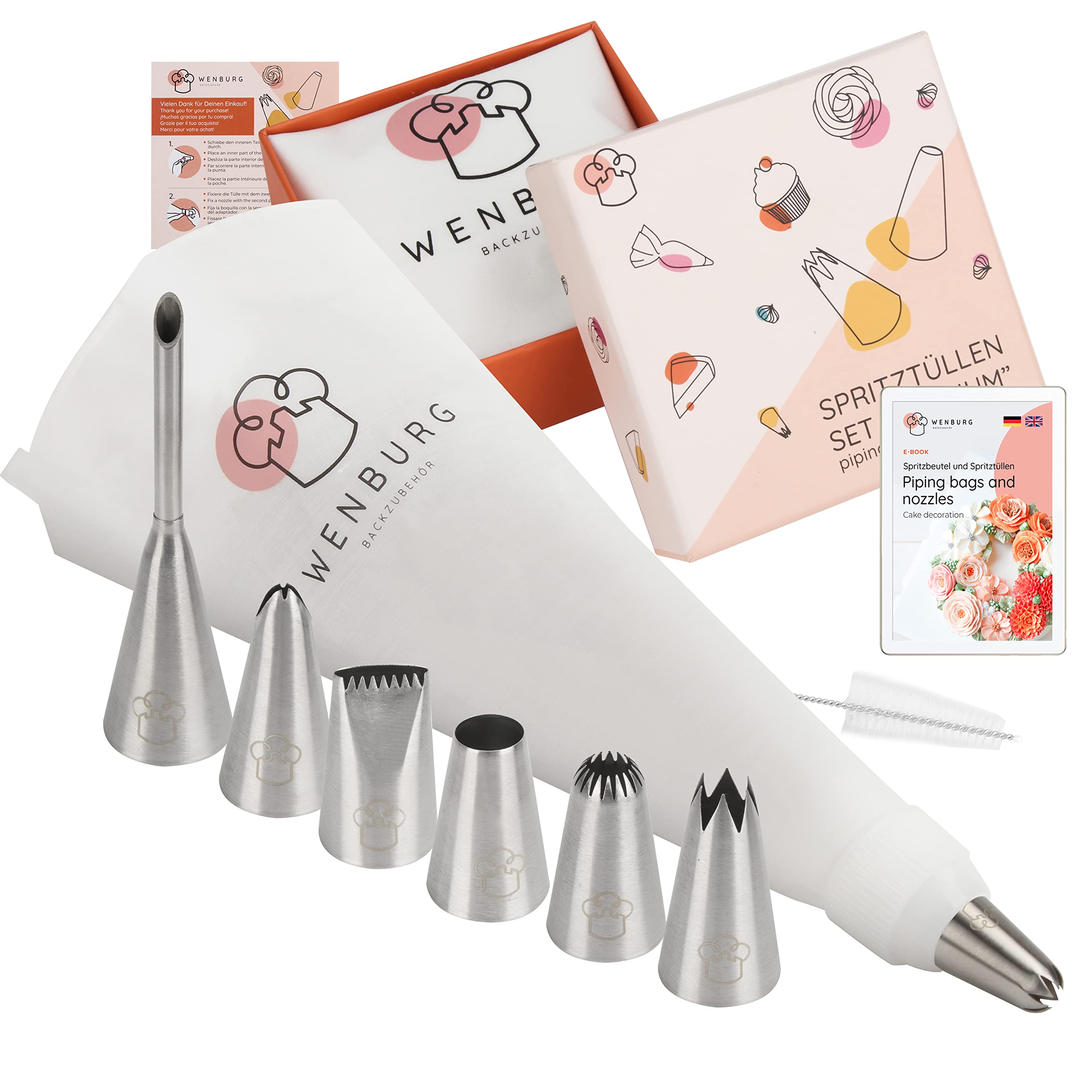 Wenburg Large Piping Nozzle Set - 7 Large Icing Nozzles for Cake Decorating - Cotton Icing Bag - Coupler I Professional Cupcake, Cake Decoration Piping Tips (Premium)