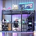 Full Size Loft Bed with Stairs and Desk, Metal Gaming Loft Bed with RGB LED Light, Heavy-duty Steel Loft Bed Frame with Storage Wardrobe, Shelves and Charging Station for Adults Kids Teens, Black