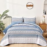 WONGS BEDDING Boho Queen Quilt Set, Light Blue Bohemian Queen Quilt Bedding Set, Lightweight Microfiber Bed Decor Bedspread for All Season 96"x90"(3 Pieces)