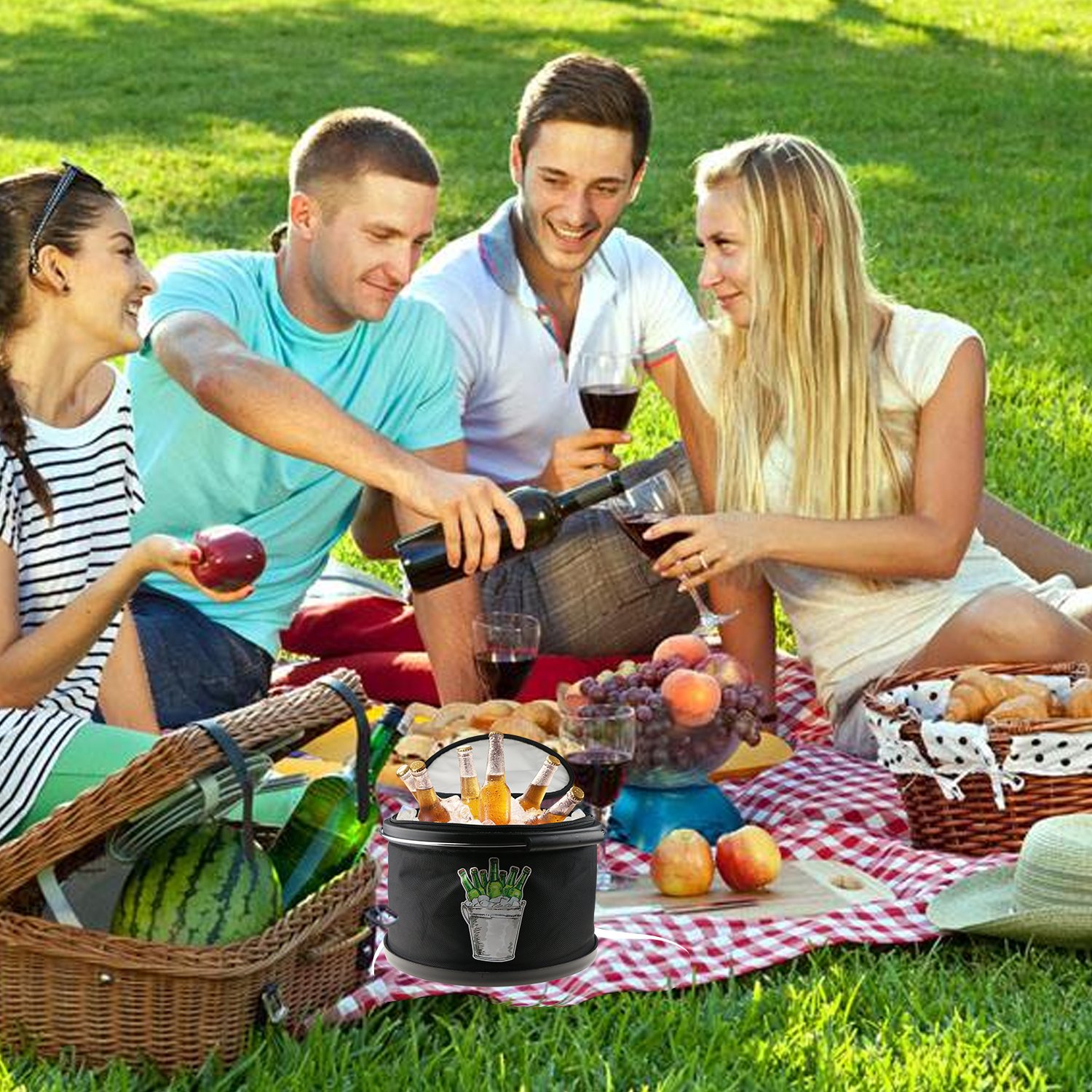 Collapsible Ice Bucket Drinks Lunch Cooler, LC-dolida Portable Folding Camping Beverage Beer Can Cooler with Zipper Double Insulated Bucket Bag for Hiking, Picnic, Travel Black