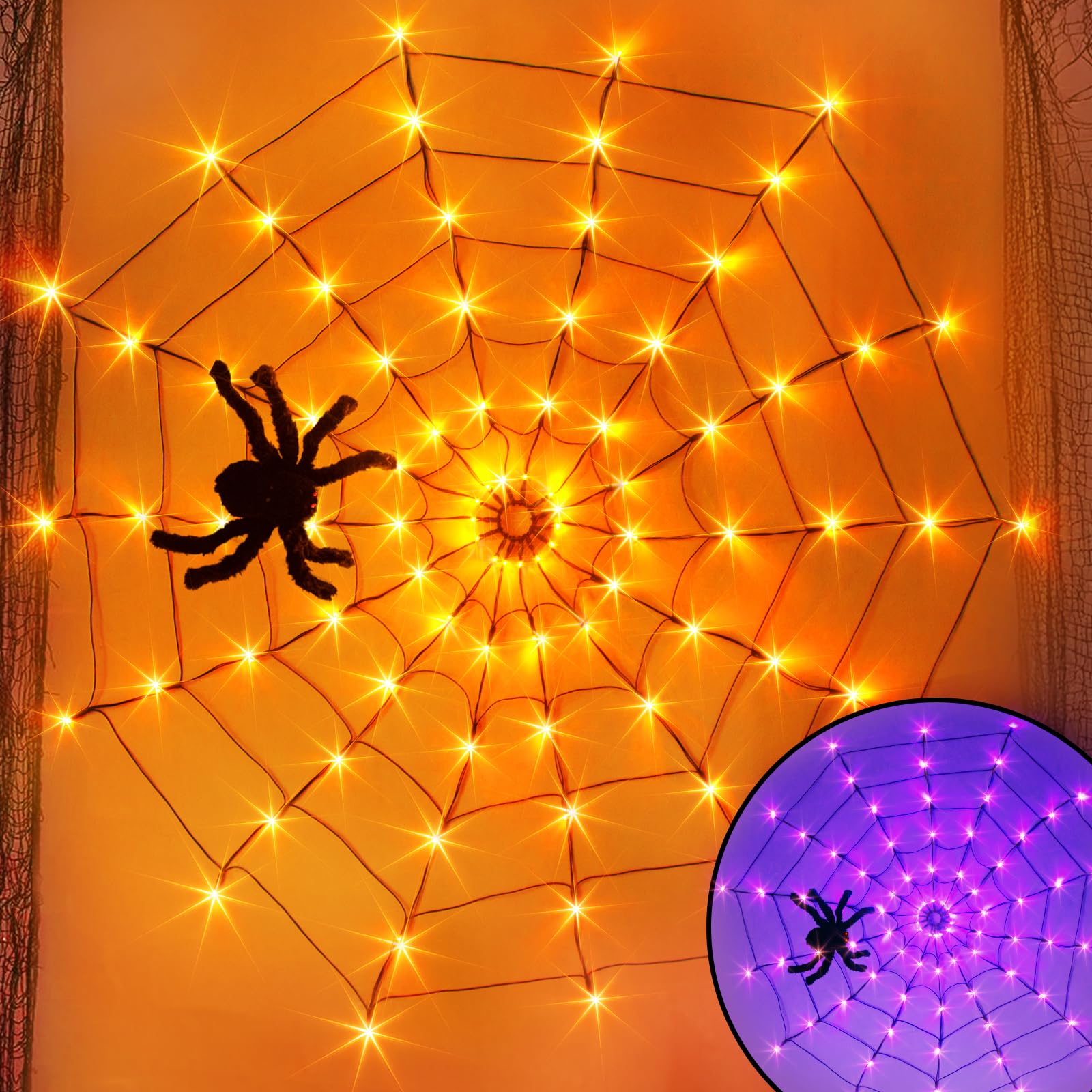 Eambrite Halloween Spider Web Lights with Plush Spider Spooky Indoor Decorations Light up Fake Spiderweb Decor Prop for Window Kids Party Haunted House (4FT/120CM)