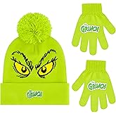 Dr. Seuss The Grinch Beanie Hat and Gloves Set, Boys Cuffed Knit Winter Cap with Pom and Matching Mittens, Green, One Size