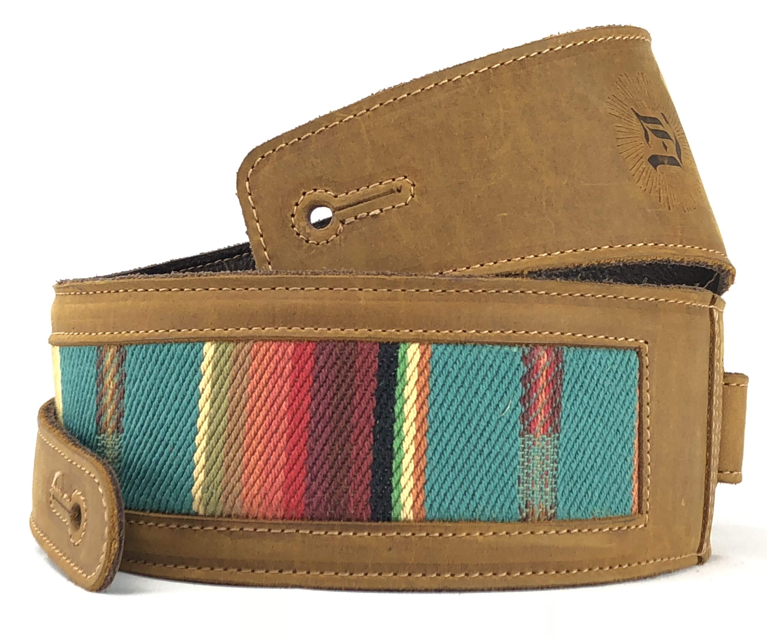 Anthology Gear Southwest Inspired Full Grain Leather Guitar Strap - For Electric, Acoustic, and Bass Guitars - El Camino (Tobacco with Turquoise Fabric, 3" Width)