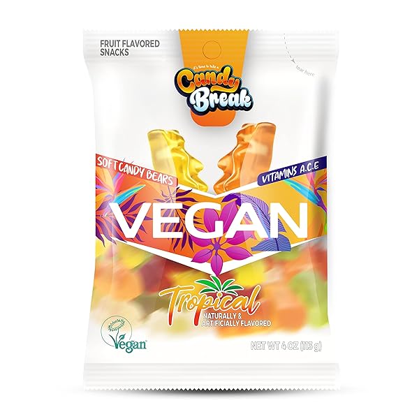 CANDY BREAK VEGAN GUMMIES – EXOTIC TROPICAL FRUITY GUMMY BEARS – GIFT SNACKS FOR ADULTS & KIDS – 4OZ (PACK OF 12)
