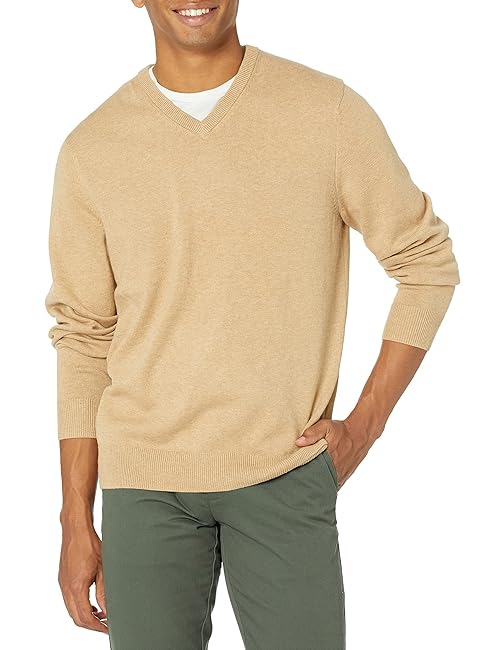 Amazon Essentials Men's V-Neck Pullover Sweater (Available in Big & Tall), Camel Heather, Small