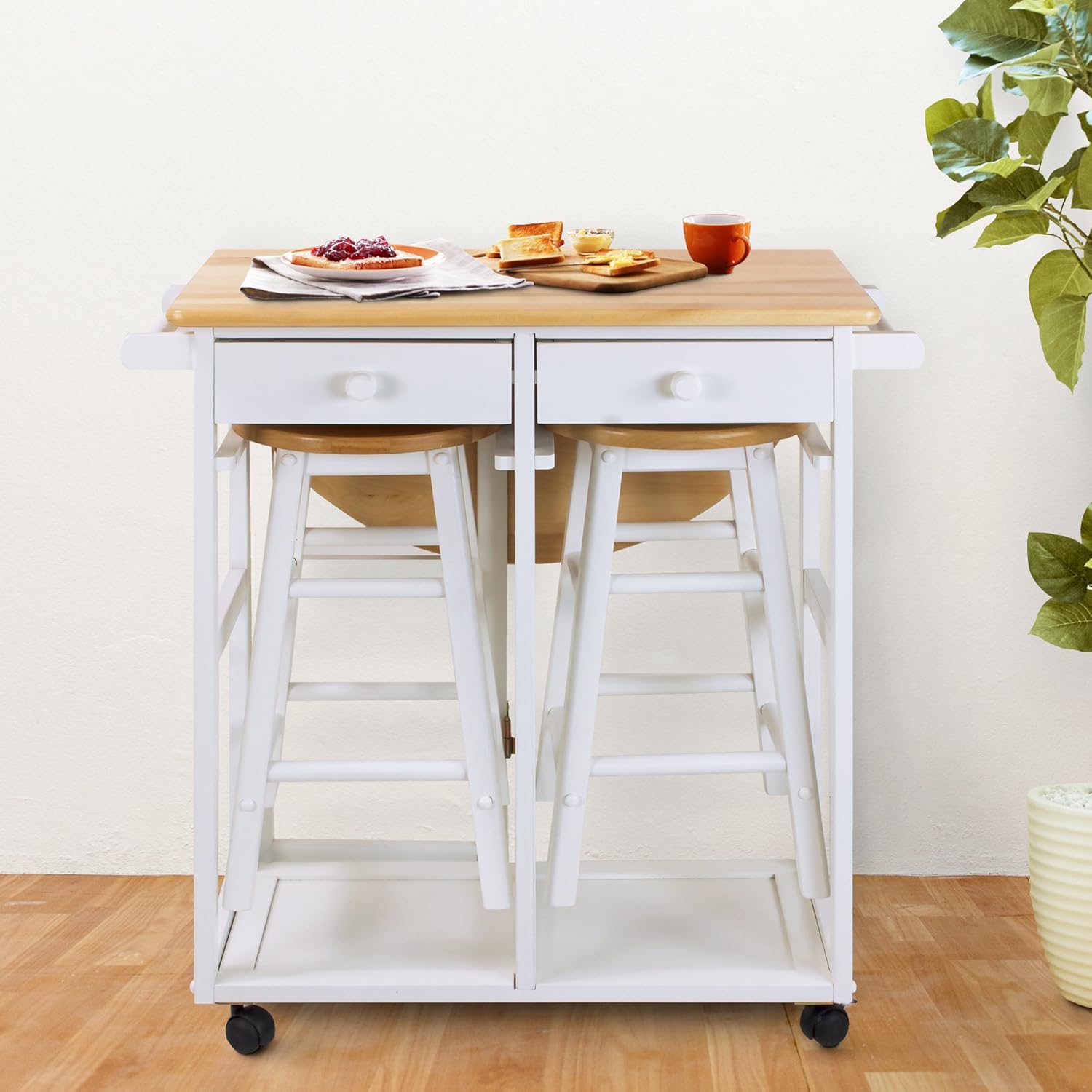 Casual Home Drop Leaf Breakfast Cart with 2 Stools-White: Furniture & Decor