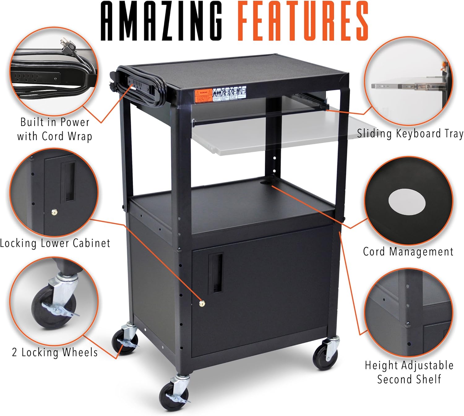 Line Leader AV Cart and Locking Cabinet - Includes Pullout Keyboard Tray, Easy Locking Wheels and Cord Management - Great for School and Office (42 x 24 x 18 / Black) : Office Products