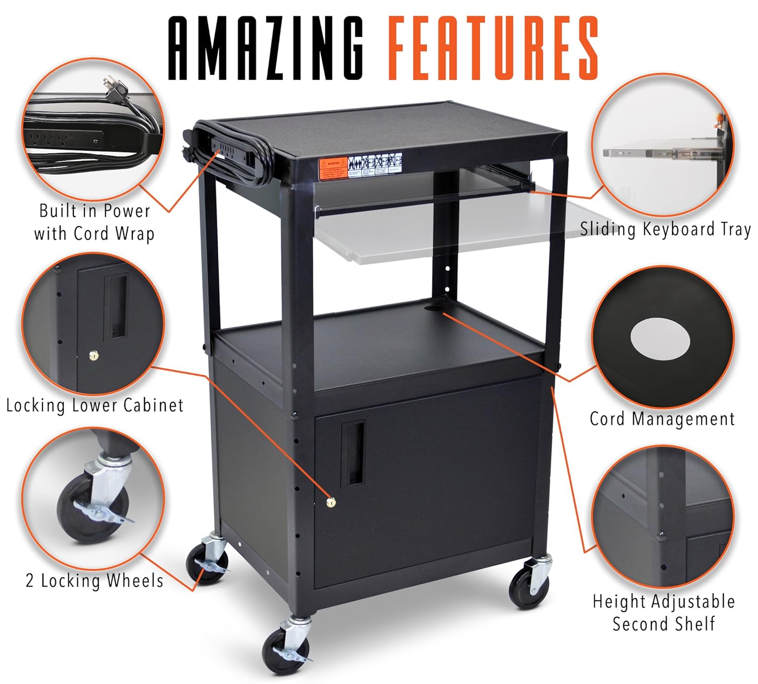 AV Cart Black 42x24x18 Includes Three Height Adjustable Shelves