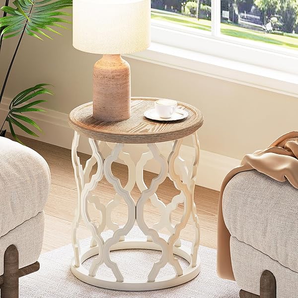 KARLOTT FARMHOUSE END TABLE, 18.5” FRENCH COUNTRY ROUND SIDE TABLE, DISTRESSED TRAY TOP SIDE TABLE WITH CURVED MOTIF FRAME BASE FOR BOHO, END TABLES LIVING ROOM, BEDROOM, SMALL SPACE, EASY ASSEMBLY