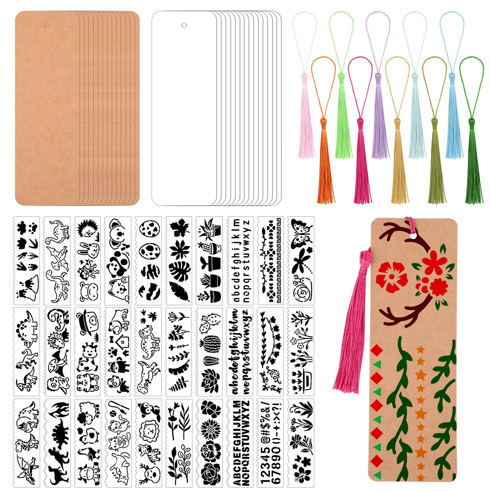 JSRQT Blank Bookmark Set, Bulk Cardstock Bookmarks for Reading Lovers, 30Pcs White and Brown Unfinished Book Mark 32Pcs Drawing and Letter Stencils for Crafts Reusable 30Pcs Tassels for DIY Gift Tags