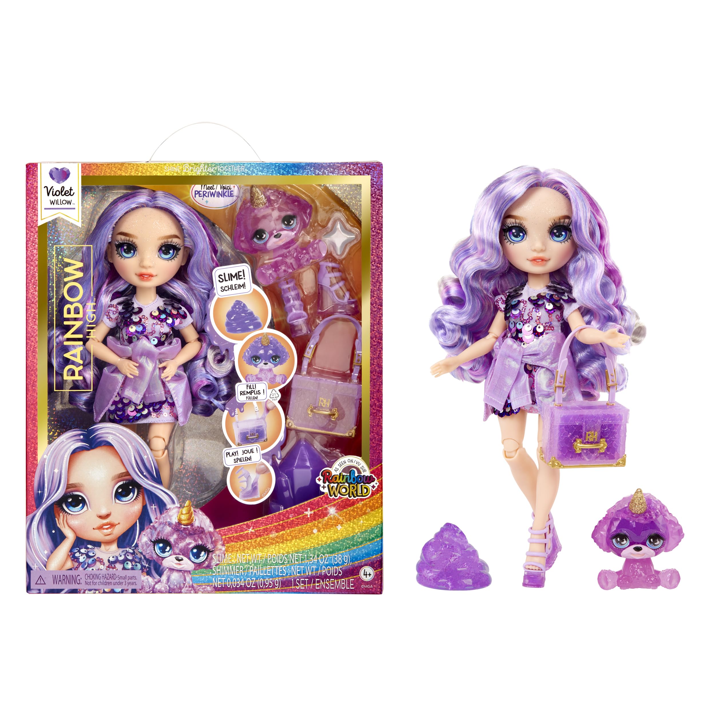 Rainbow High Fashion Doll with Slime & Pet - Violet (Purple) - 28 cm Shimmer Doll with Sparkle Slime, Magical Pet and Fashion Accessories - Kids Toy - Great for Ages 4-12 Years