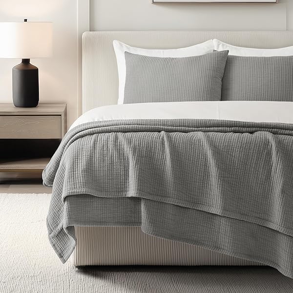 EVERGRACEHOME COTTON GAUZE KING BEDSPREAD, ULTRA SOFT PREWASHED PICK STITCH MATELASSÉ COVERLET, LIGHTWEIGHT TEXTURED OVERSIZED KING QUILT BEDDING SET FOR ALL SEASON, WITH 2 SHAMS, FOG GRAY
