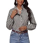 Simlakey Womens Plaid Ruffle Collar V Neck Button Down Blouse Long Sleeve Gingham Shirts Retro Casual Work Checkered Tops