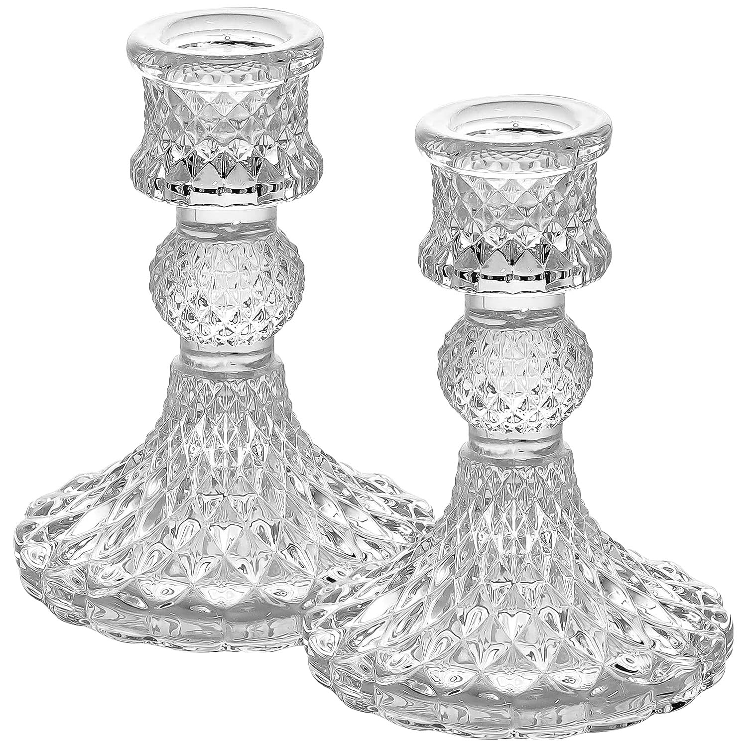 Clear Glass Candlestick Holder Set of 2，Taper Candle Holders Fit 0.8 Inch Candles, Crystal Decorative Candle Stand Centerpiece for Table Wedding Dinning Party 4 Inch Tall