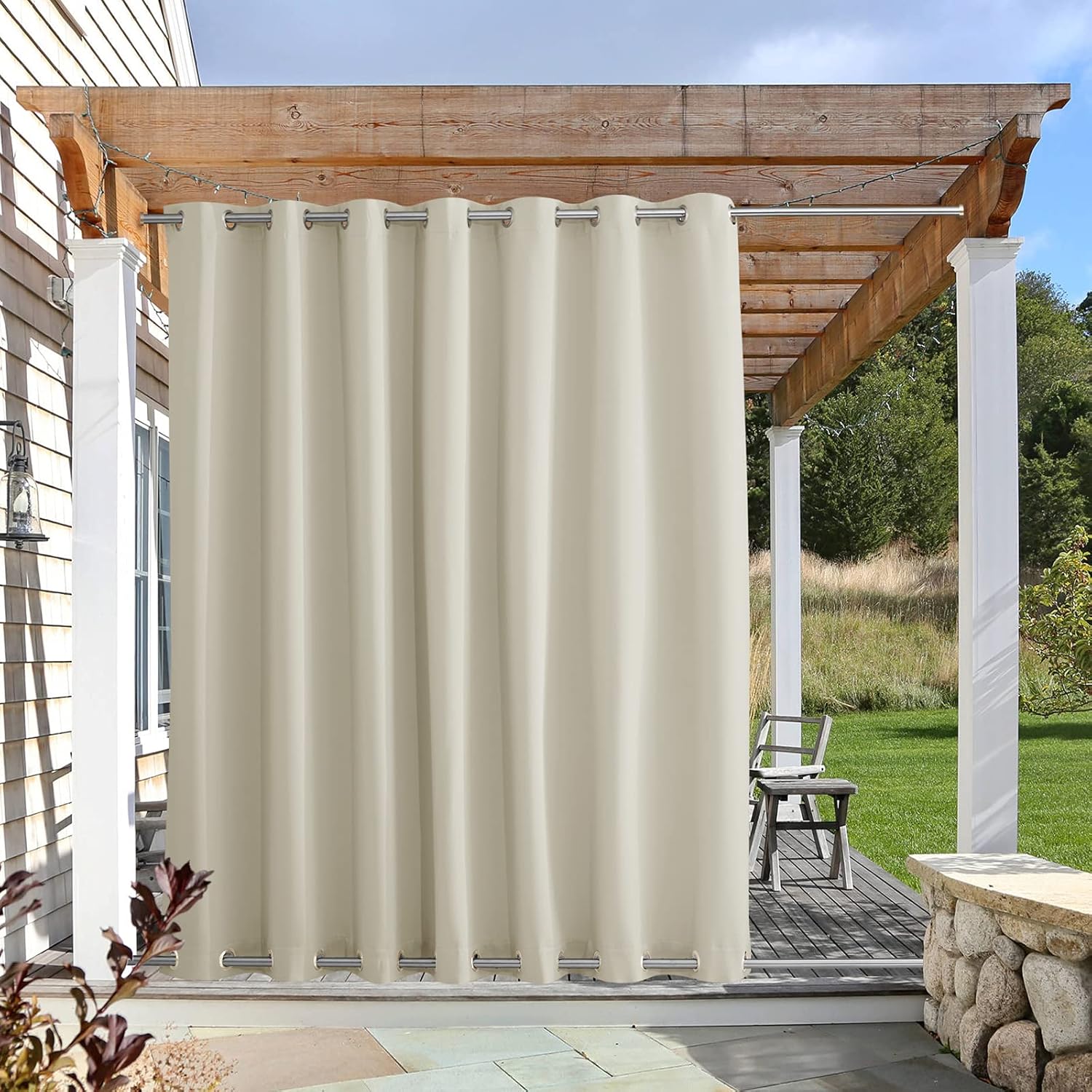 Outdoor Curtains - NICETOWN Waterproof Patio Outdoor Curtain and Drape Extra Wide, Thermal Insulated Top and Bottom Grommet Keep Sun & Rain Out Public Divider for Porch/Arbor, Beige, 1 Panel, W100 by L95