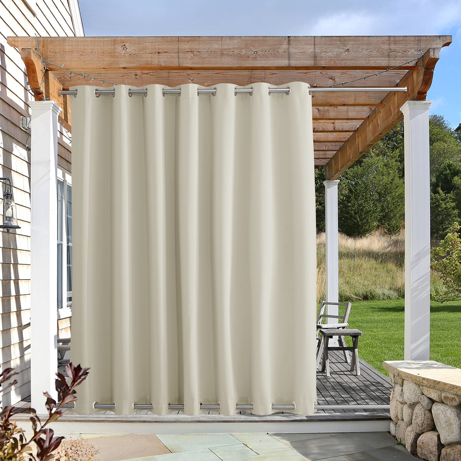 NICETOWN Weighted Outdoor Curtain for Patio Waterproof, Rustproof Grommet Top and Bottom Outdoor Divider Windproof Thermal Insulated Drape for Balcony/Cabana, Beige, 1 Panel, W100 x L108 Image