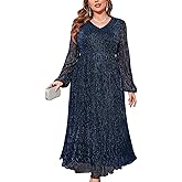 ZOMVA Plus Size 0X-4X Sparkly Mesh Maxi Formal Dress Long Sleeves V Neck A-line Flowy Dress Evening Gown Cocktail Formal